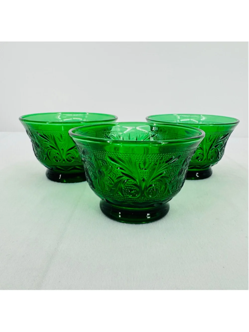 Anchor Hocking Set of 3 Custard Cups Sandwich Pattern Vtg Green Depression Glass